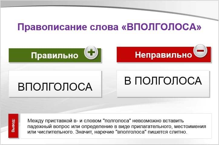 Как пишется «ВПОЛГОЛОСА» или «В ПОЛГОЛОСА», слитно или раздельно?