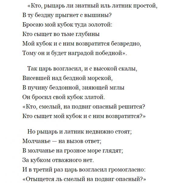 «Кубок» — краткое содержание баллады В.А. Жуковского