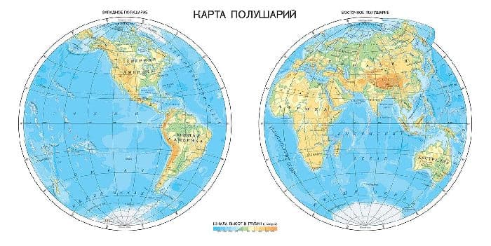 Океаны и материки на карте мира (полушарий) с названиями