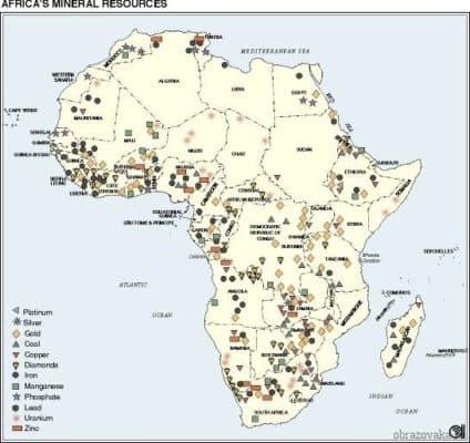 Полезные ископаемые Африки и рельеф для 7 класса, карта месторождений западной и северной Африки