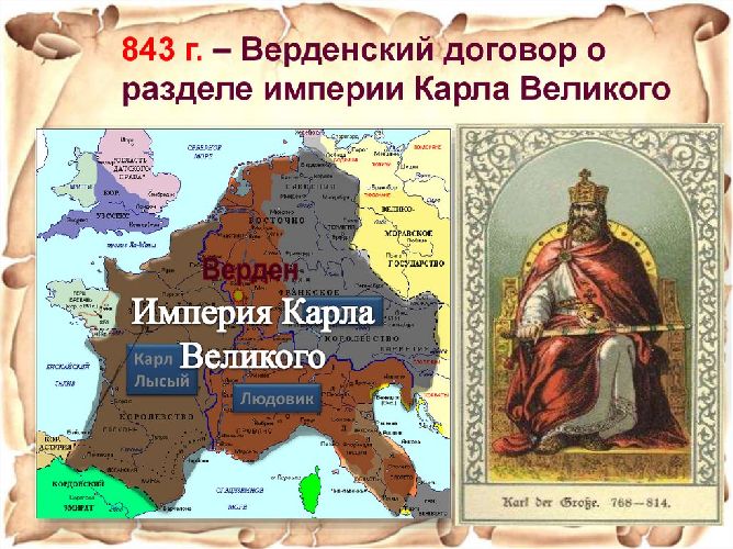 Верденский договор 843 года о разделе империи Карла Великого кратко